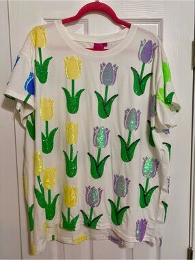 Queen of Sparkle Womens White Tulip Sequin Tee - Yellow, Purple.
